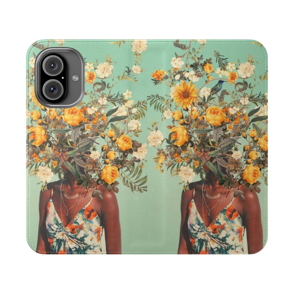 Vintage collage phone case featuring a vibrant floral and bird design in shades of green, blue, and yellow.