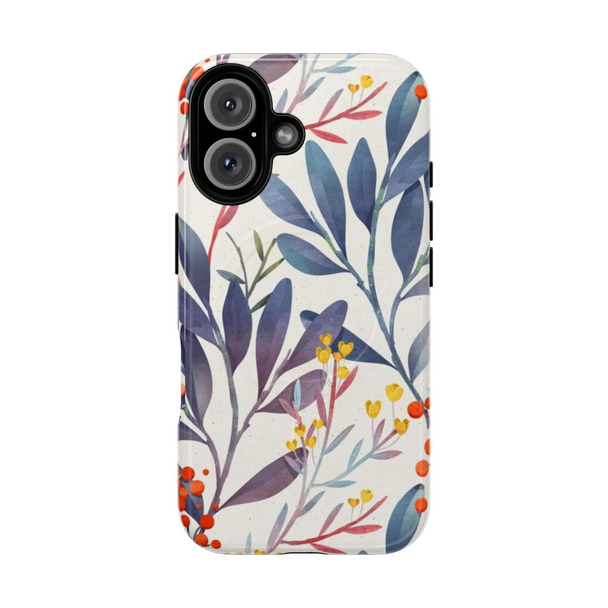 Closeup of a stylish winter floral phone case with blue and beige botanical designs