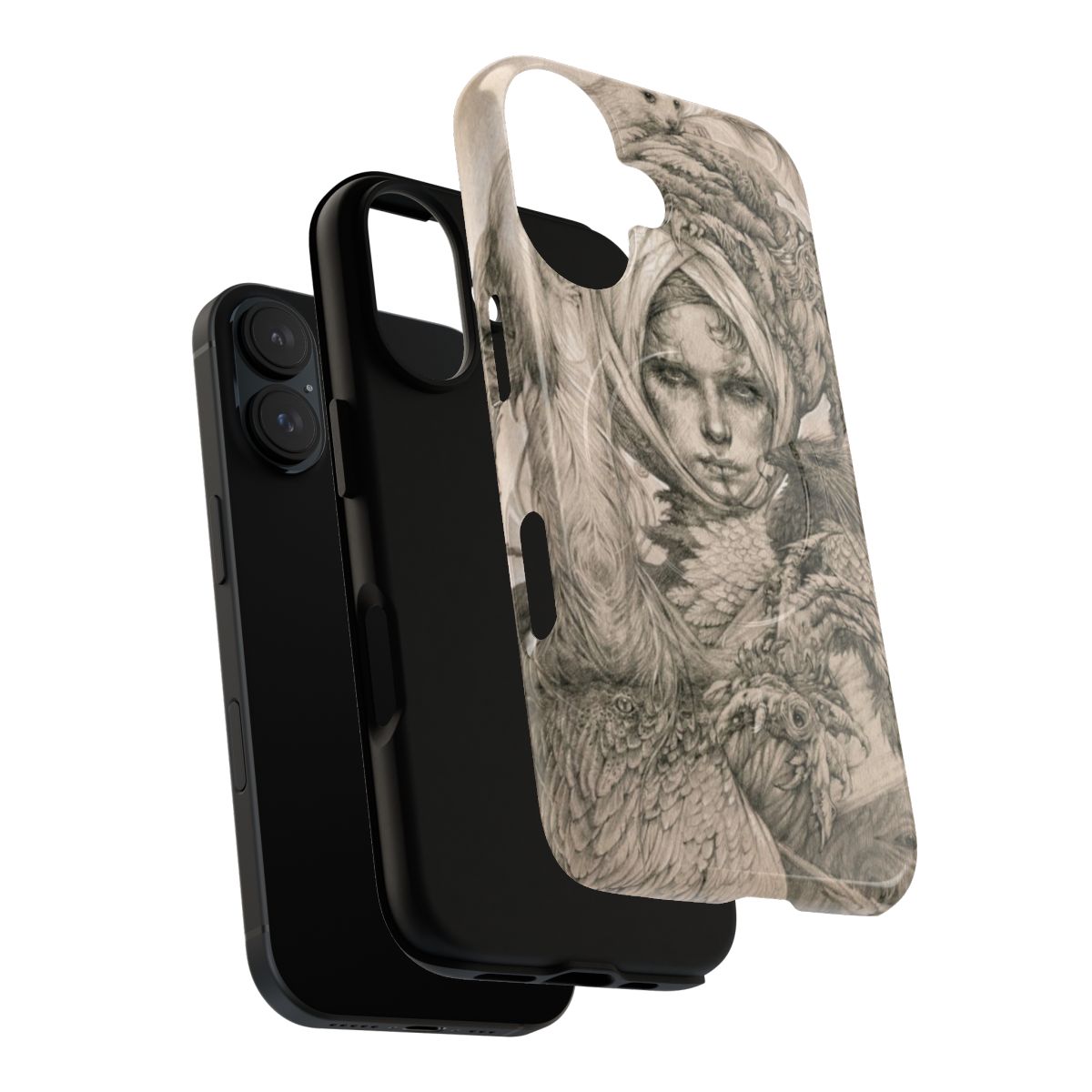 Illustration of a fairy lady with ermine and birds on a magnetic phone case - Layers