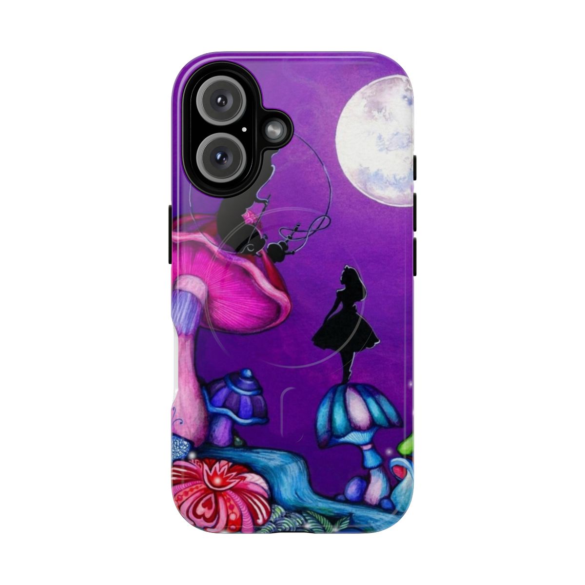 Vintage-themed Alice in Wonderland and Caterpillar illustration on a phone case