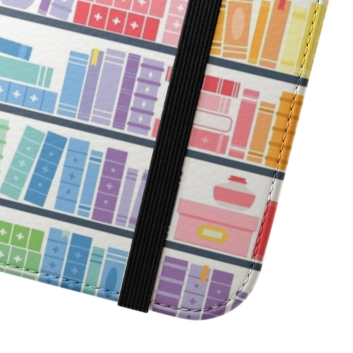 Colorful rainbow bookshelf pattern on a phone case - Close Up