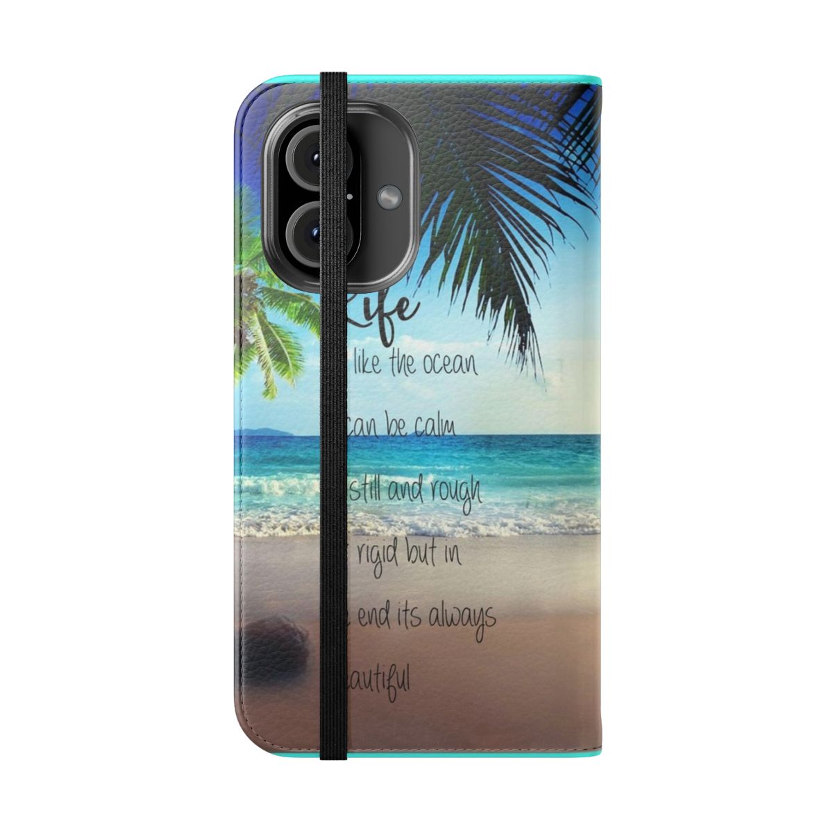 Flip cover phone case with a beach, ocean, and nature design - Folded Front