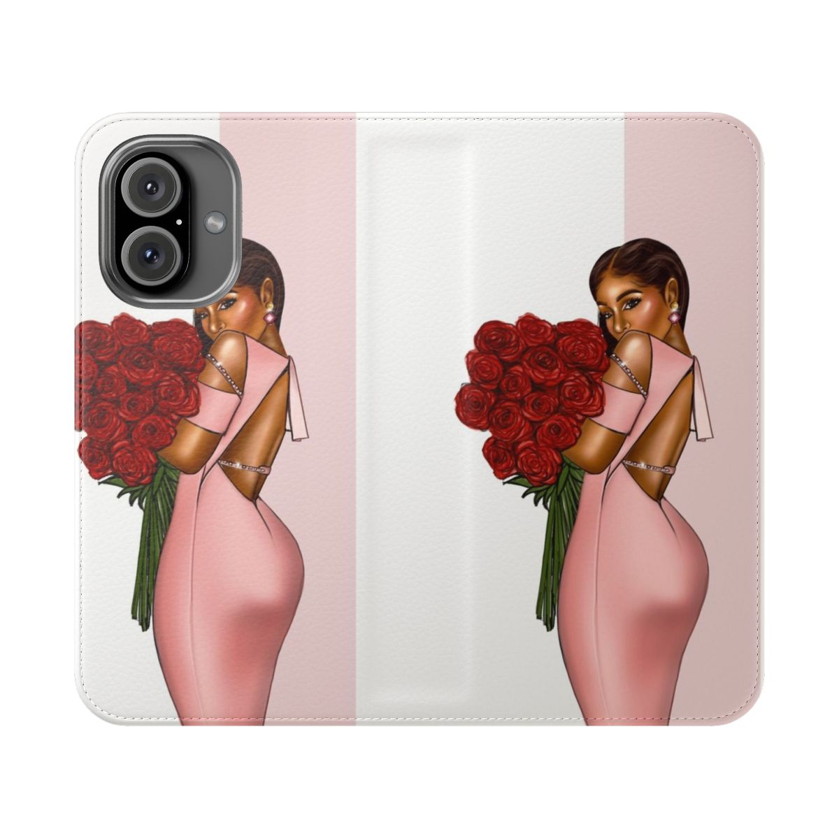 Stylish floral rose phone case design featuring a black girl with melanin-rich skin