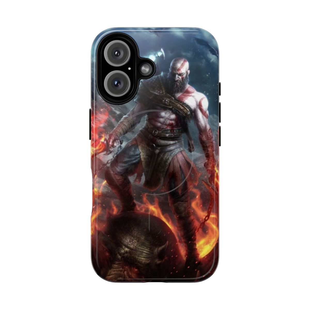 Tough magnetic iPhone and Samsung cases featuring dynamic designs inspired by the video game God of War and the character Kratos.