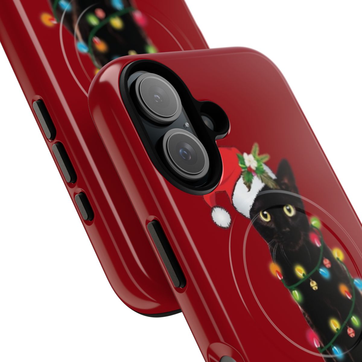 A black cat tangled up in Christmas tree lights on a magnetic, tough phone case. - Detail