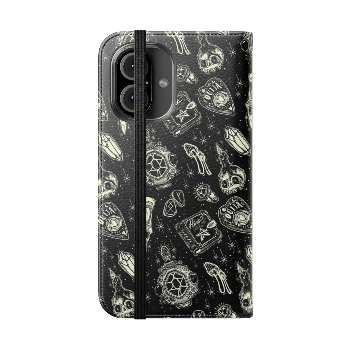 Flip cover phone case with a mystical, magical, and spooky pattern design - Folded Front