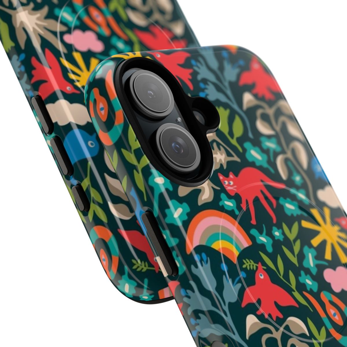 Colorful phone case featuring a nature-inspired pattern with birds, animals, and flowers on a dark teal background. - Detail