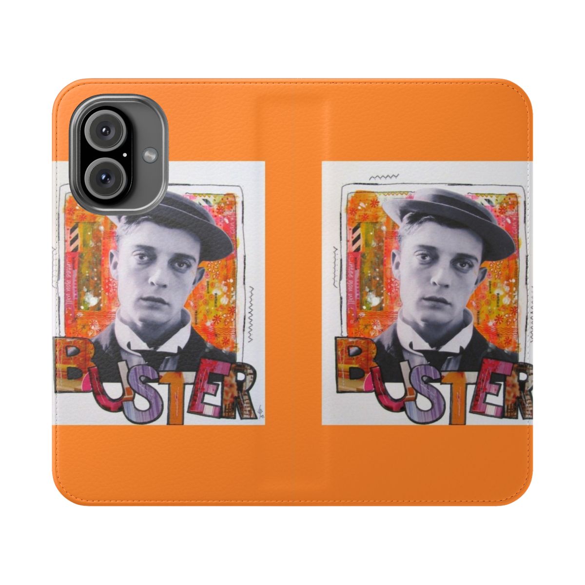 Vintage-style phone case featuring a collage design inspired by the silent film actor Buster Keaton