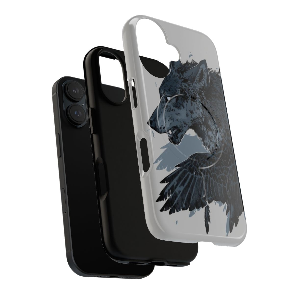 Shapeshifter Magnetic Tough Phone Case featuring a dark, supernatural design with wolves, ravens, and other corvid creatures. - Layers