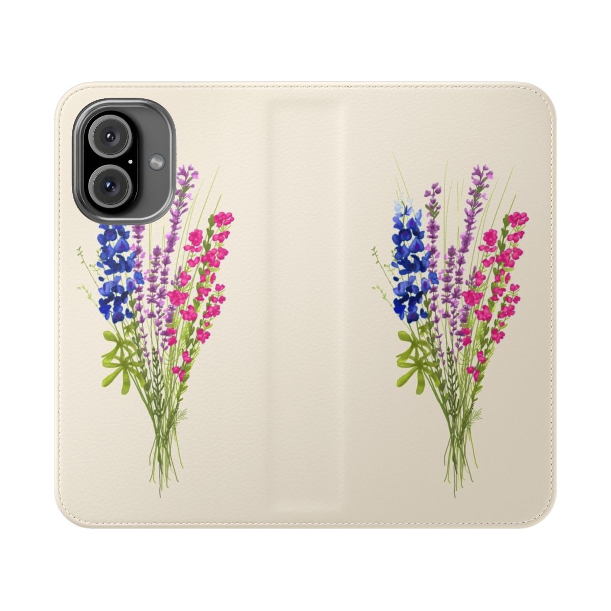 Subtle bi pride flowers on a pastel phone case