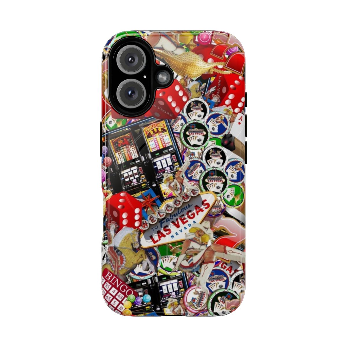 Magnetic tough phone cases featuring iconic Las Vegas symbols like the Vegas sign, poker chips, and dice