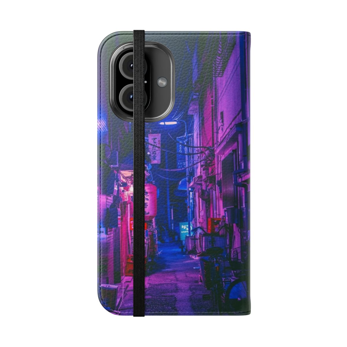 Futuristic phone case with neon lights and pastel colors, inspired by the cyberpunk aesthetic of Tokyo's alleyways. - Folded Front