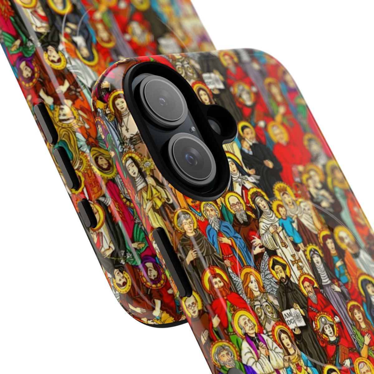 Magnetic tough phone case featuring Catholic saints like Padre Pio, St. John Paul II, St. Francis, and St. Anthony - Detail