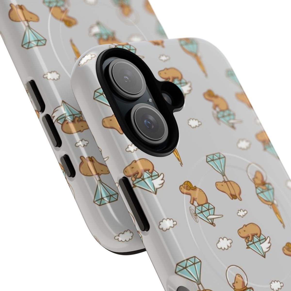 A magnetic phone case featuring a cute capybara flying in the sky with diamonds and clouds. - Detail