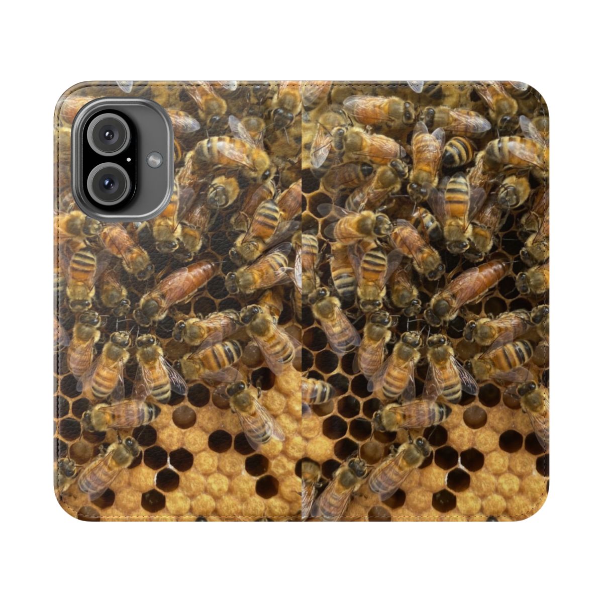 Flip cover phone case featuring a design of honeybees working in a hive.