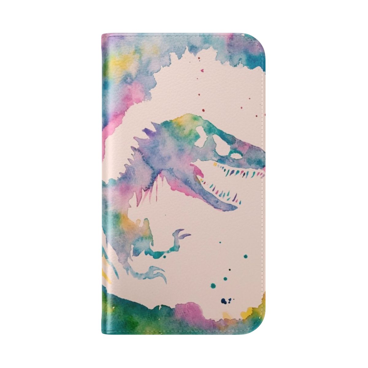 Colorful watercolor illustration of dinosaurs on a flip phone case - Folded Back