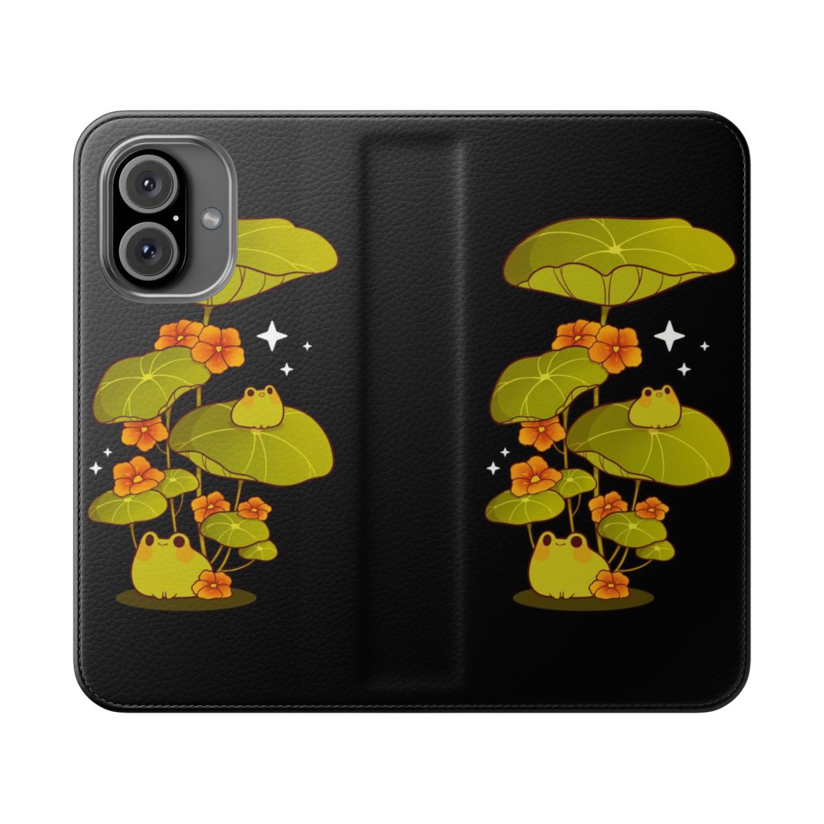 Flip cover phone case featuring a cute, chibi-style frog sitting on watercress plants