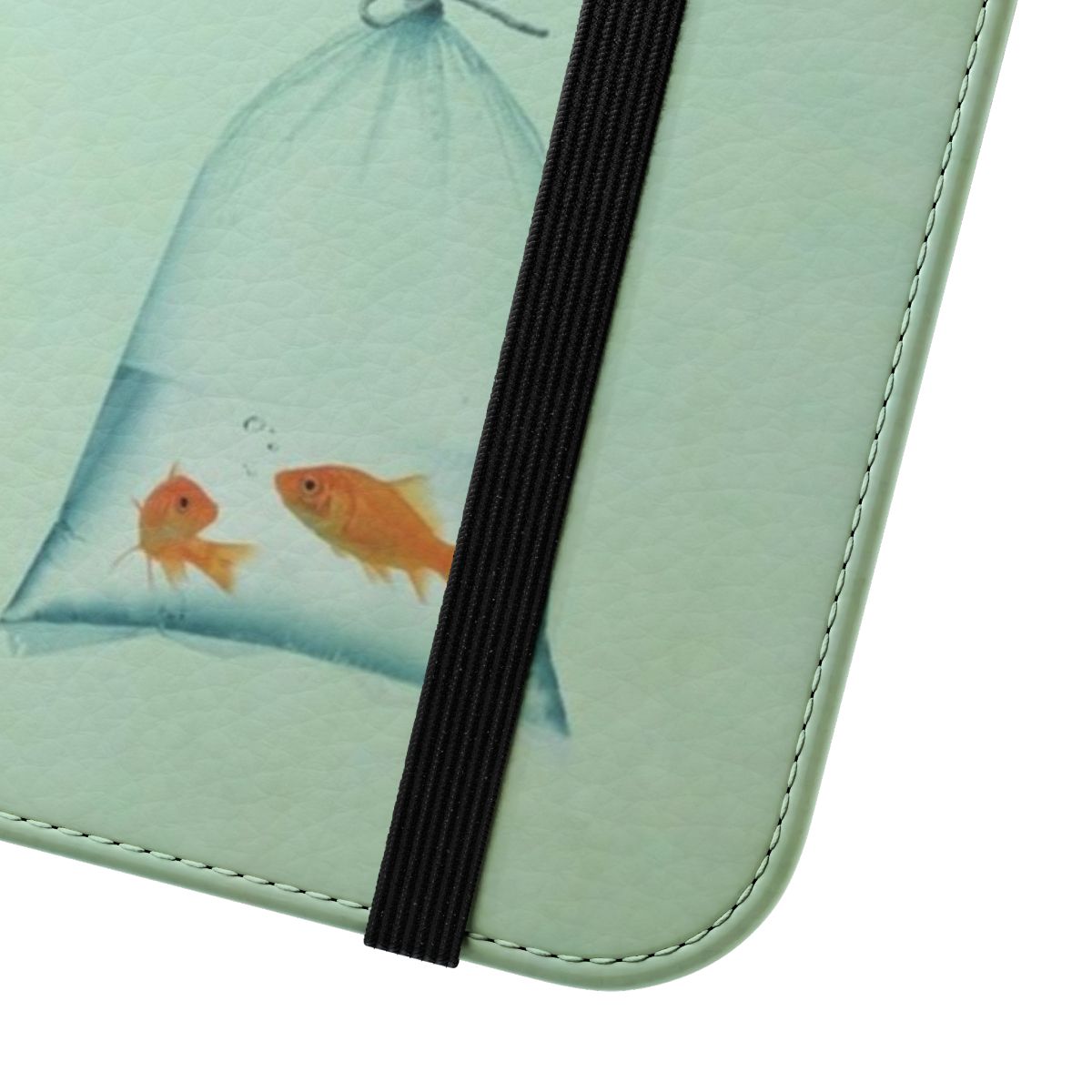 Whimsical phone case cover with illustrated goldfish and hot air balloons floating in a cloudy sky - Close Up