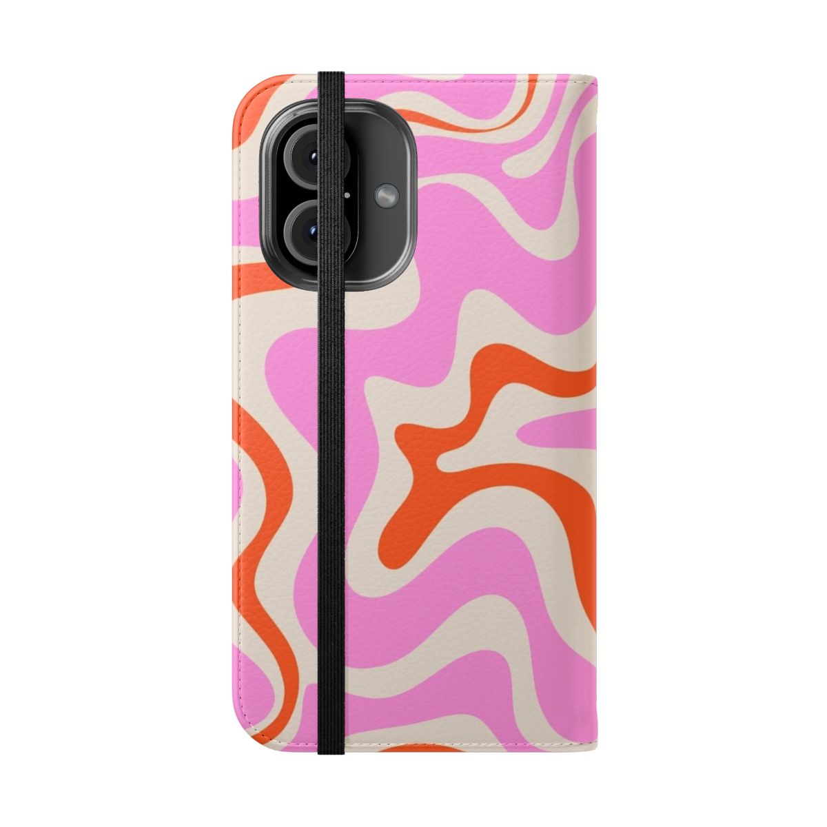 Retro abstract swirl pattern in vibrant pink, orange, and cream colors on a phone case - Folded Front