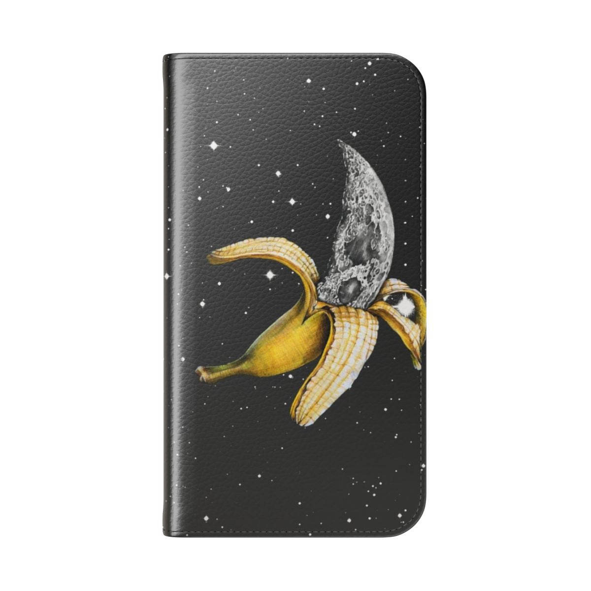 A whimsical phone case featuring a crescent moon and banana in a surreal, abstract space-themed design. - Folded Back