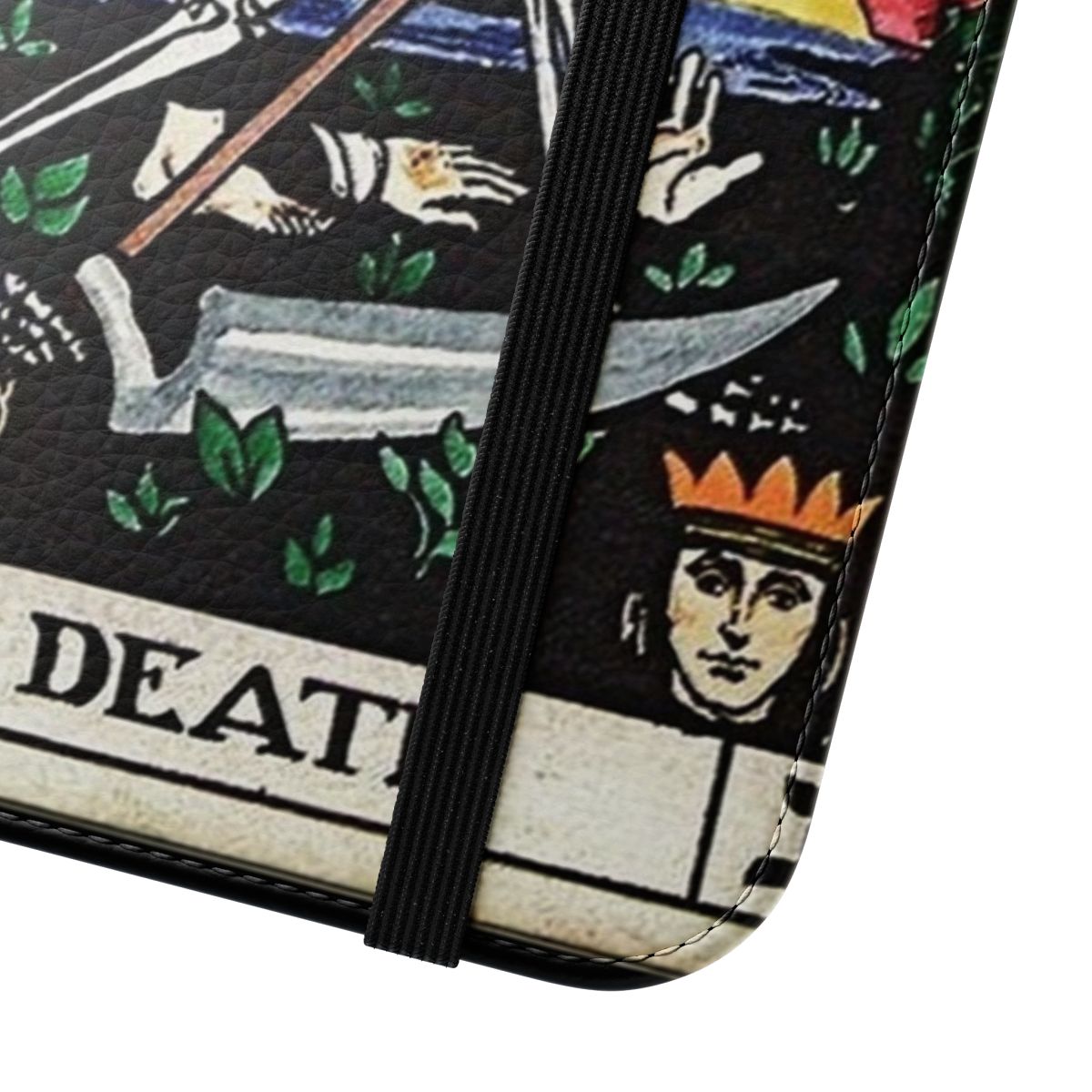 A unique phone case cover featuring the Death tarot card design with a spooky, vintage-inspired skeleton illustration. - Close Up