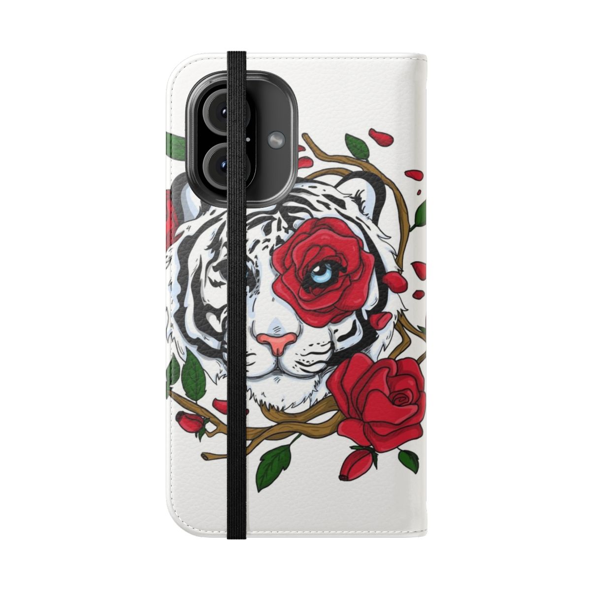 White tiger print flip phone case with floral and vector art design - Folded Front