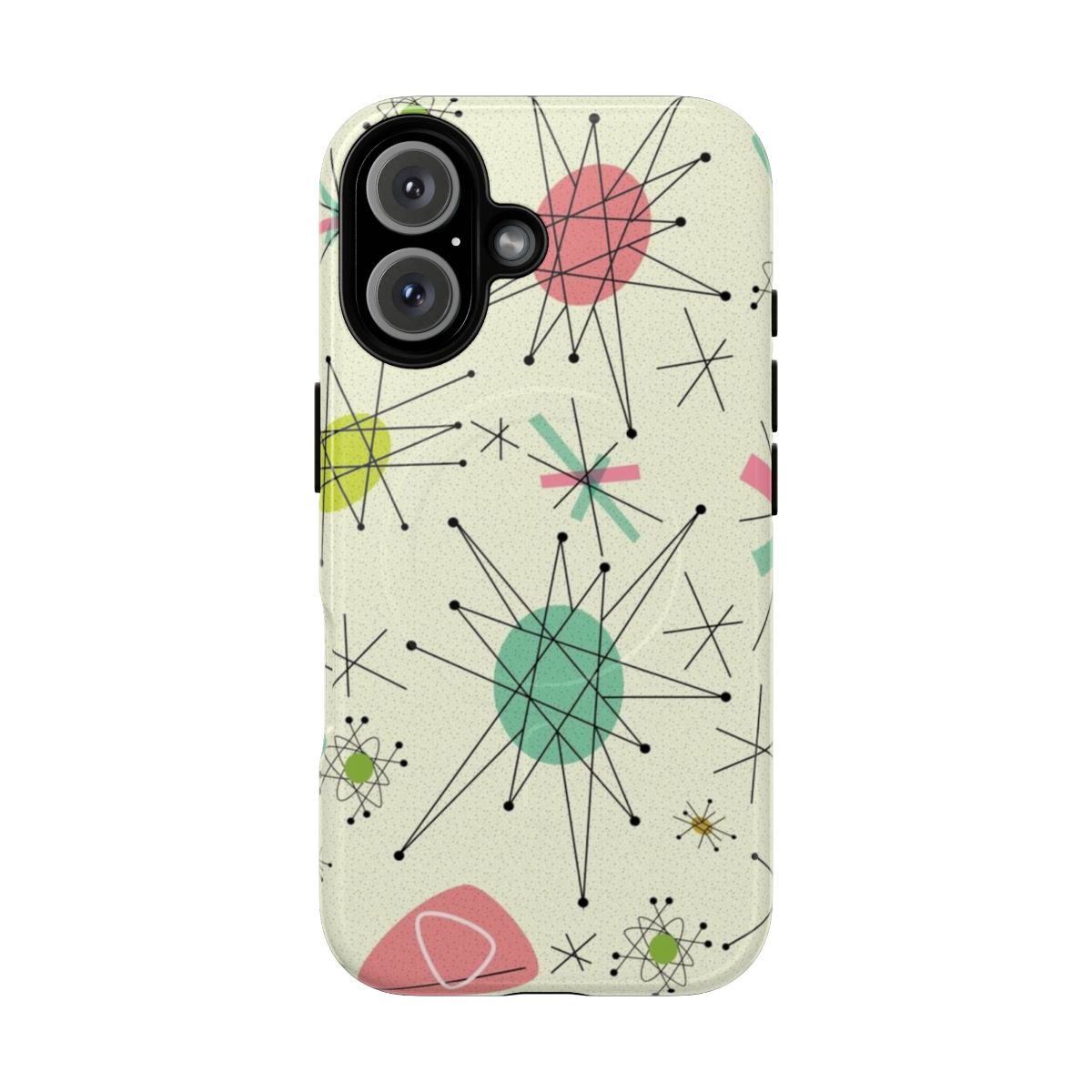 Retro 1950s-inspired phone case with a tough magnetic design and a bold, geometric "atomic" pattern in pink and blue