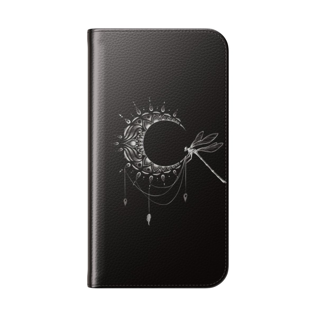 Crescent moon and dragonfly design on a black and white phone case - Folded Back