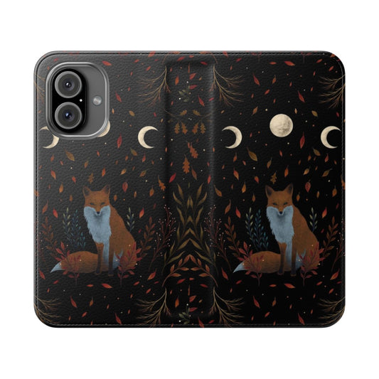 Autumn fox flip cover phone case featuring a fox design in a night garden landscape with the moon.