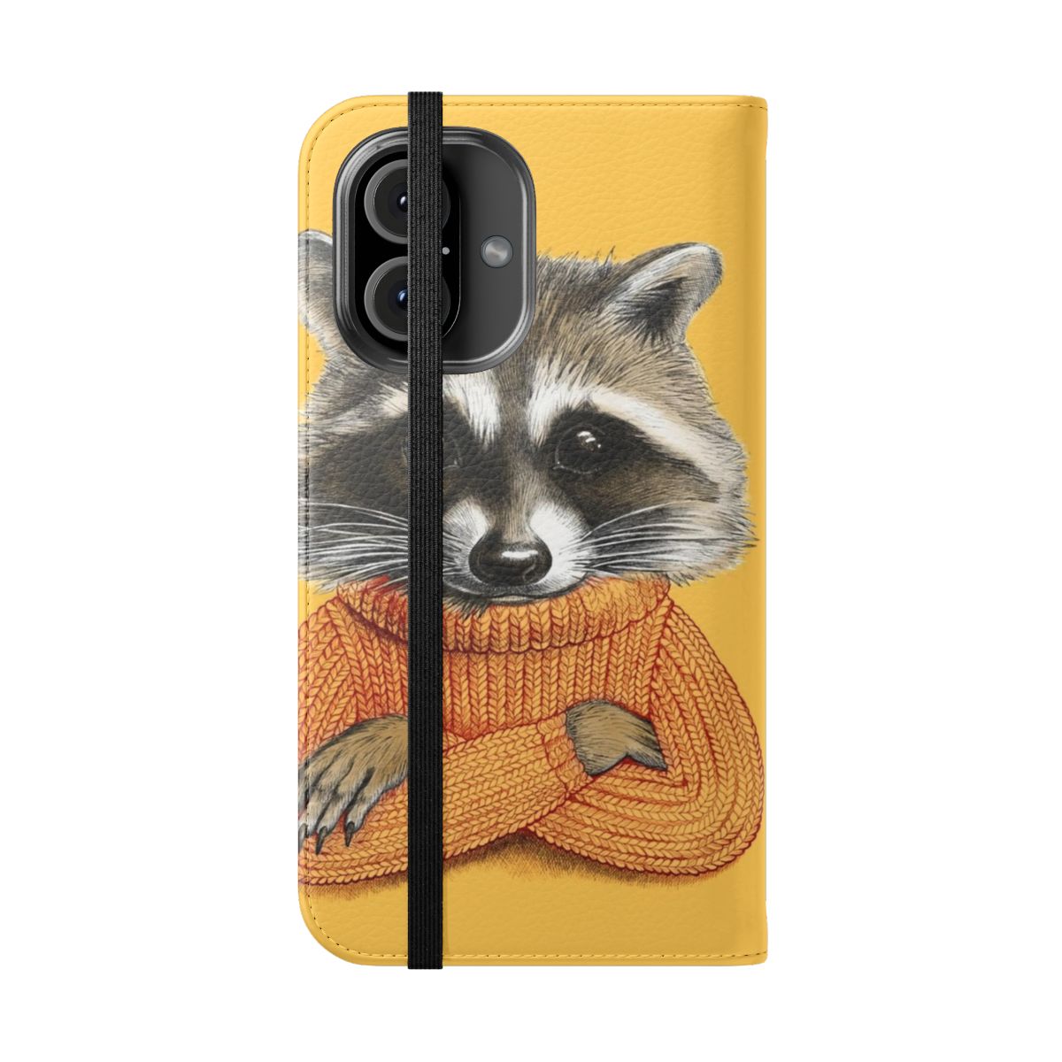 Illustration of a raccoon wearing a cozy winter sweater on a phone case cover - Folded Front