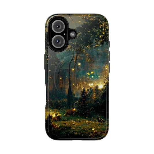 Magnetic tough phone case with a fantasy forest landscape design