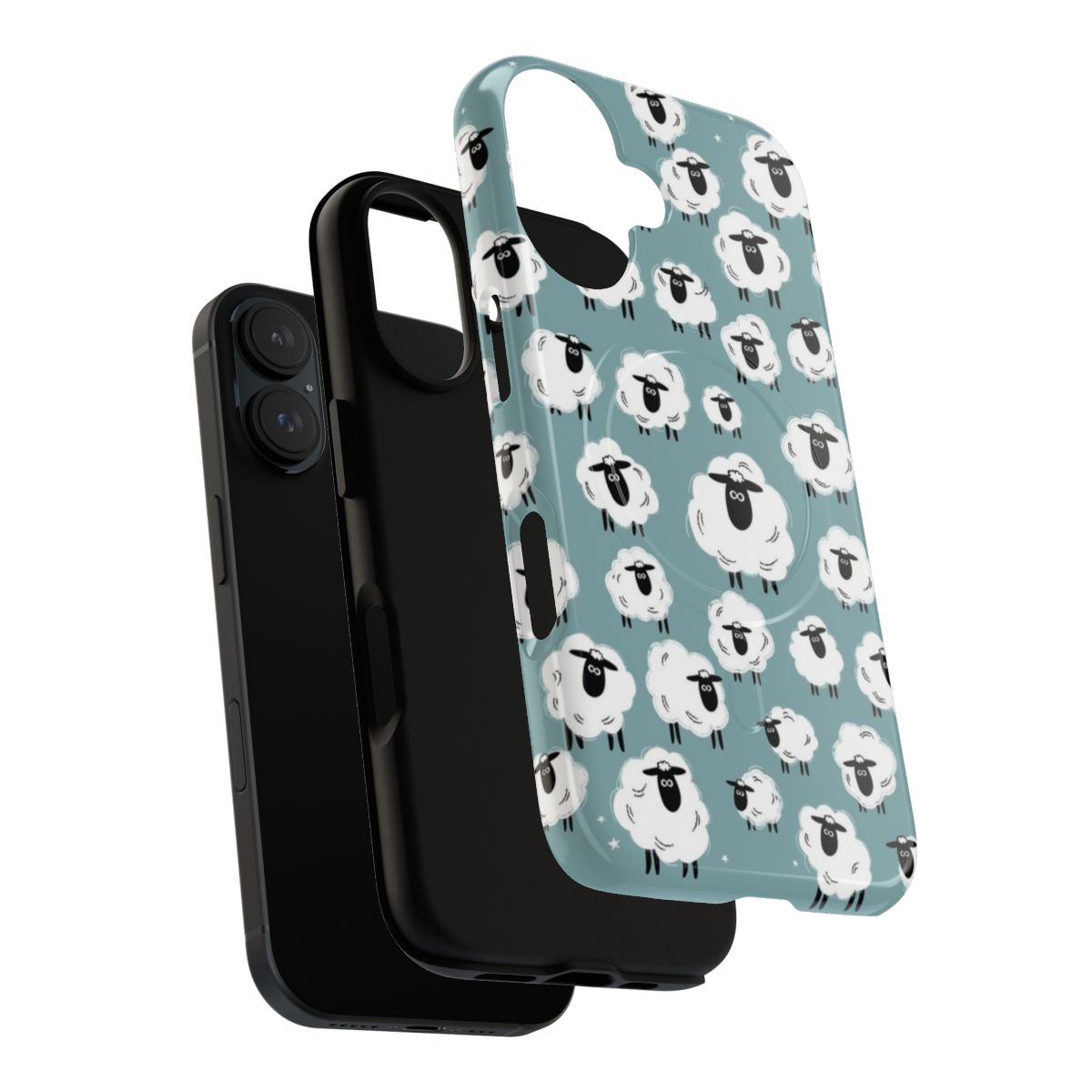 A tough, magnetic phone case featuring a blue-hued illustration of a flock of sheep. - Layers