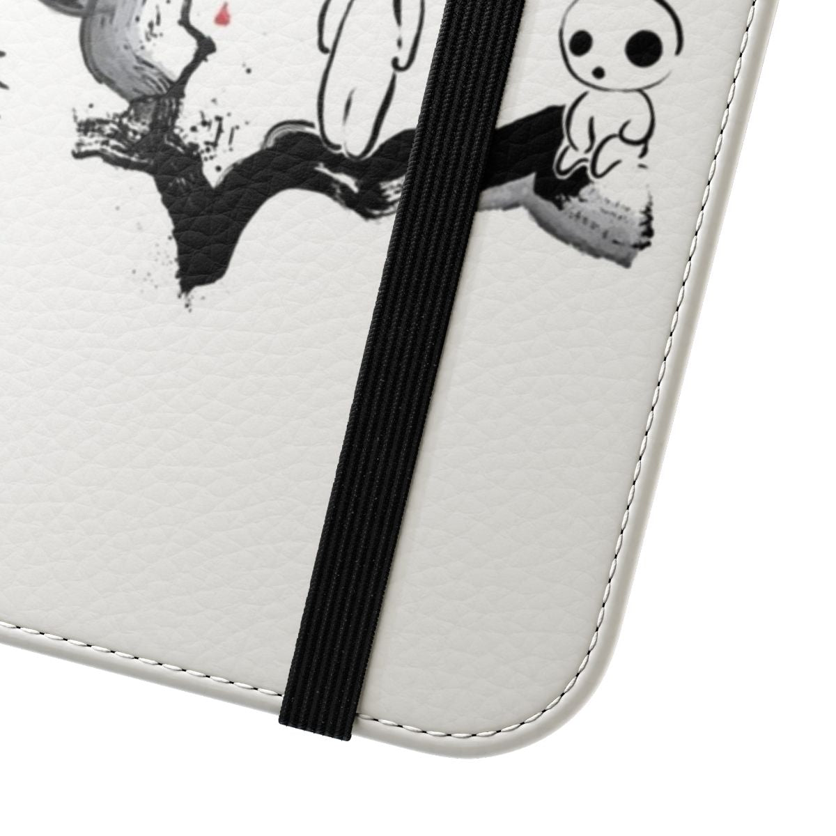 A protective flip cover phone case featuring whimsical forest spirits from Japanese anime. - Close Up