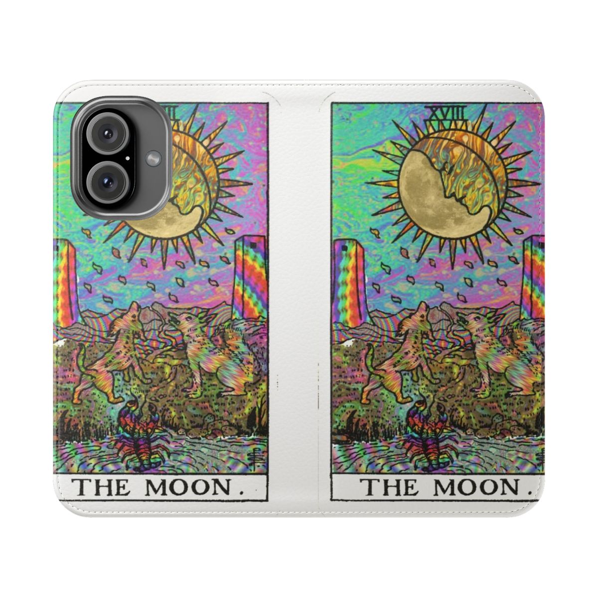 Colorful psychedelic tarot moon design on a phone case