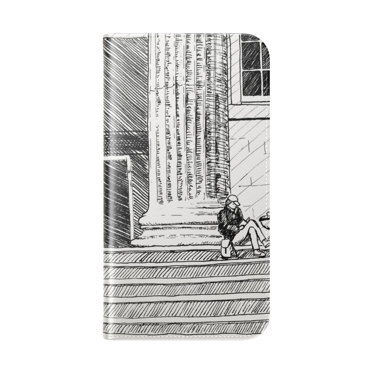 Flip cover phone case with an image of a person reading a book on the steps of a museum - Folded Back