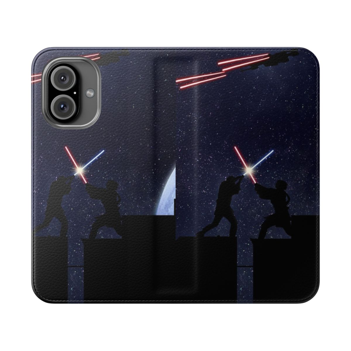 Stylish phone case featuring a lightsaber battle scene inspired by the Star Wars universe