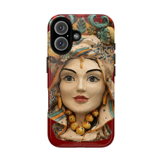 A bright and colorful phone case featuring a traditional Sicilian-inspired pattern.