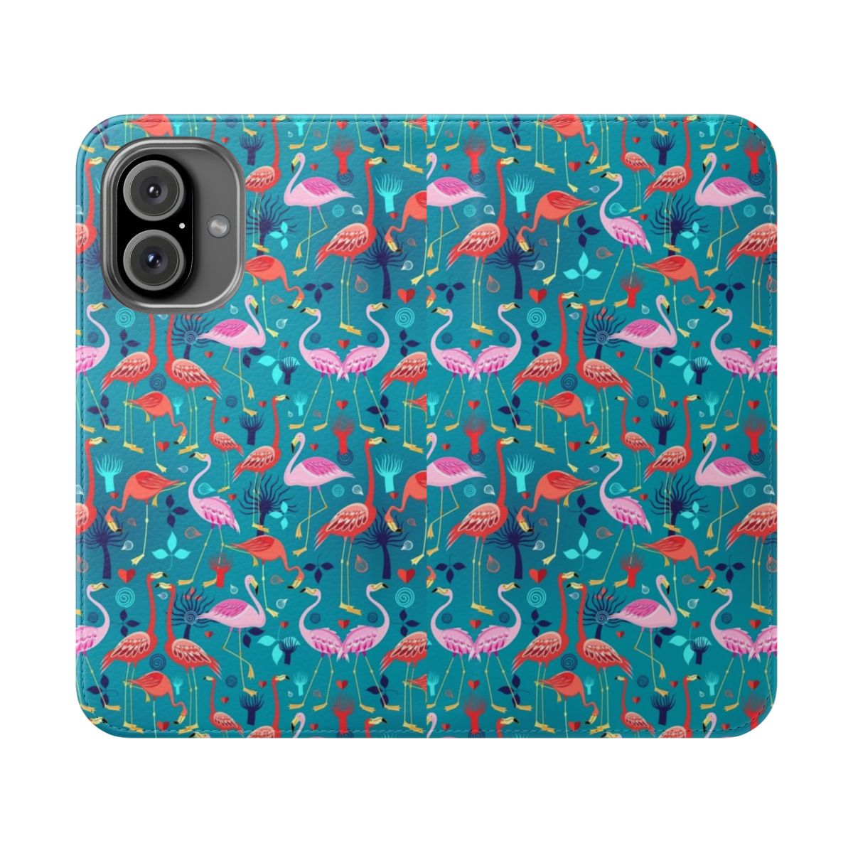 Colorful flamingo pattern phone case with tropical leaves and hearts