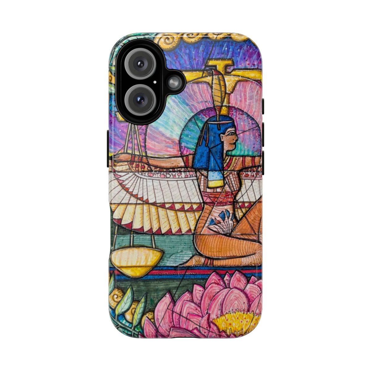 A magnetic, protective phone case featuring Libra zodiac symbols like the scale, olive branch, and ancient Egyptian goddess Maat.