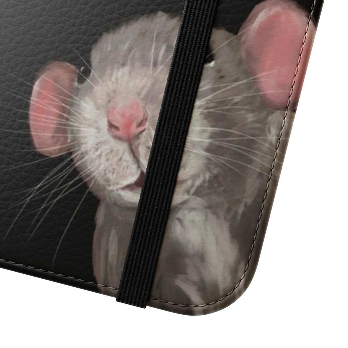 A stylish flip phone case featuring a portrait of a cute grey and black dumbo rat. - Close Up