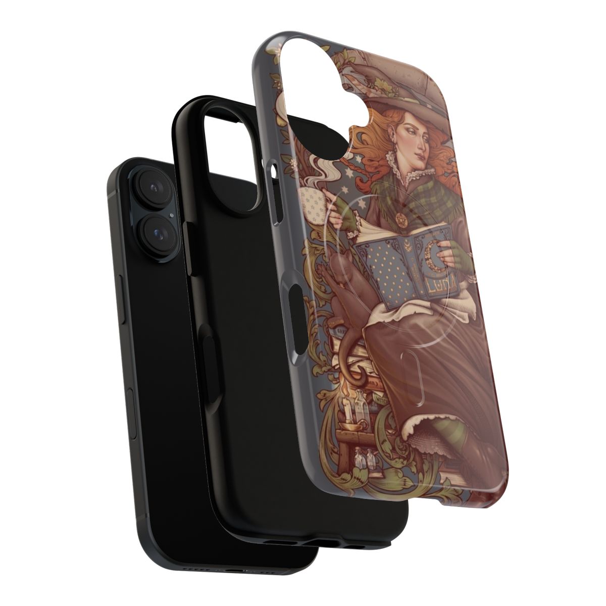 Magnetic tough phone case featuring a bohemian, gothic art nouveau design with a cat, witch, and lemon tree motif. - Layers