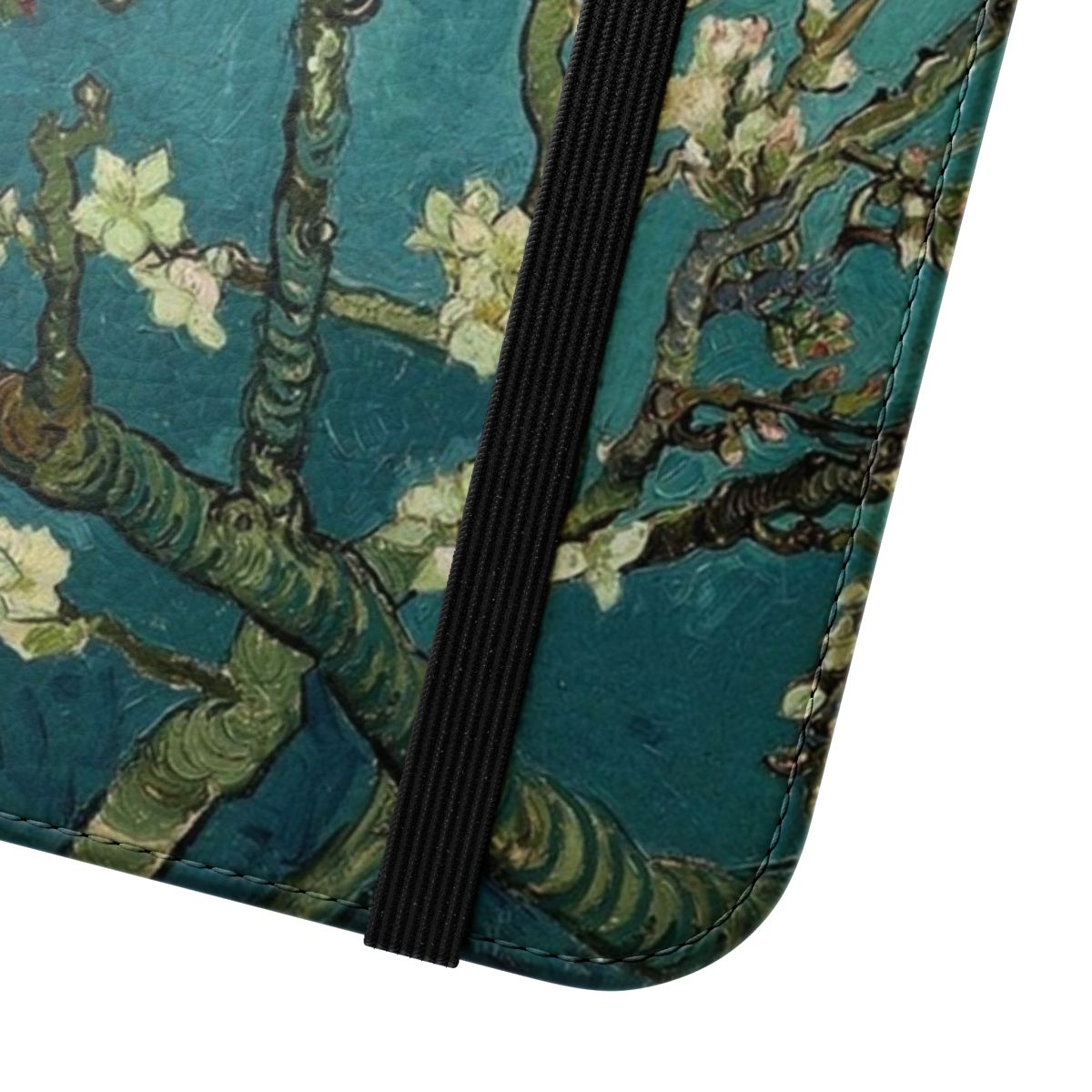 Impressionist art flip cover phone case featuring a classic painting of the Blossoming Almond Tree by Vincent van Gogh - Close Up