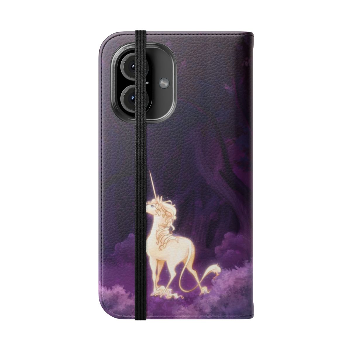 Illustration of a unicorn in a lilac wood on a flip cover phone case - Folded Front