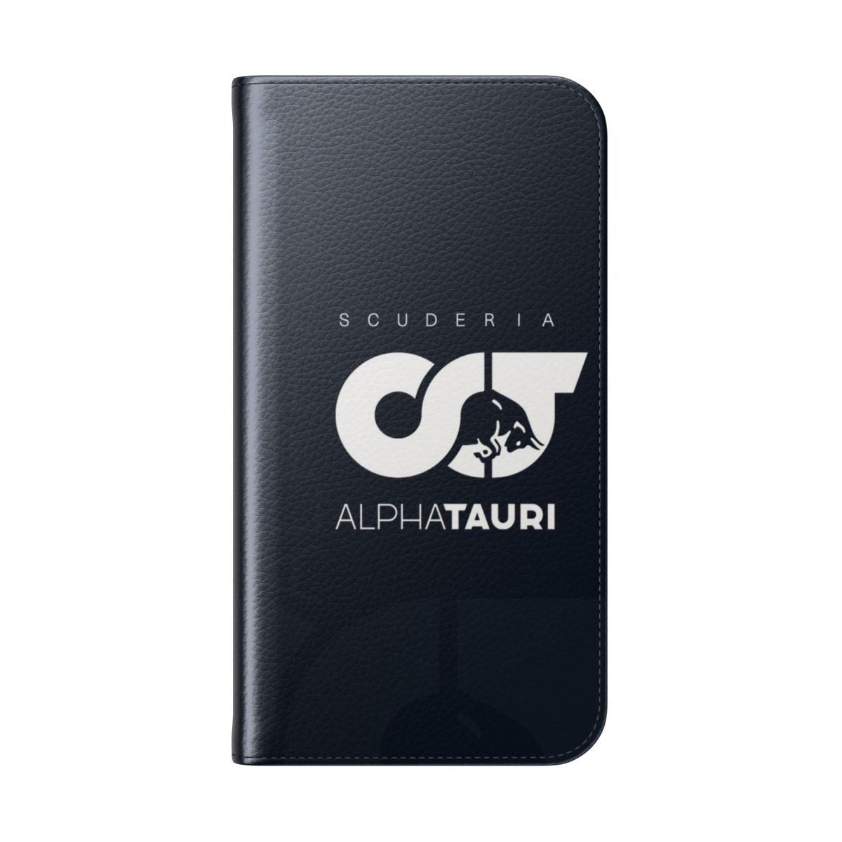 Premium flip cover phone case featuring the Alpha Tauri F1 team logo and colors - Folded Back