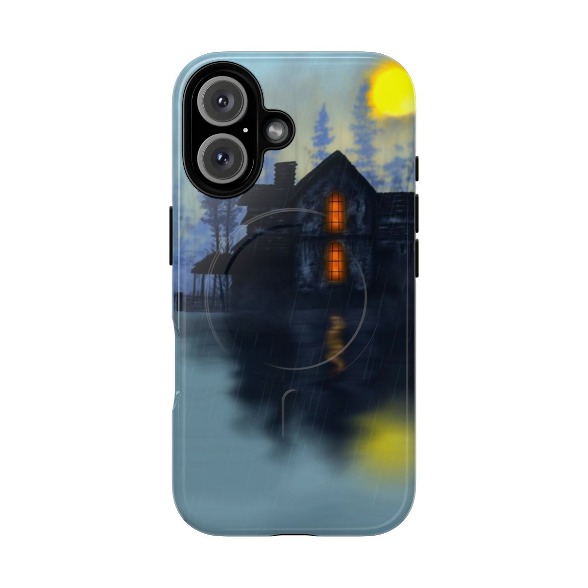 Haunting magnetic phone case featuring a dark, foggy haunted house image