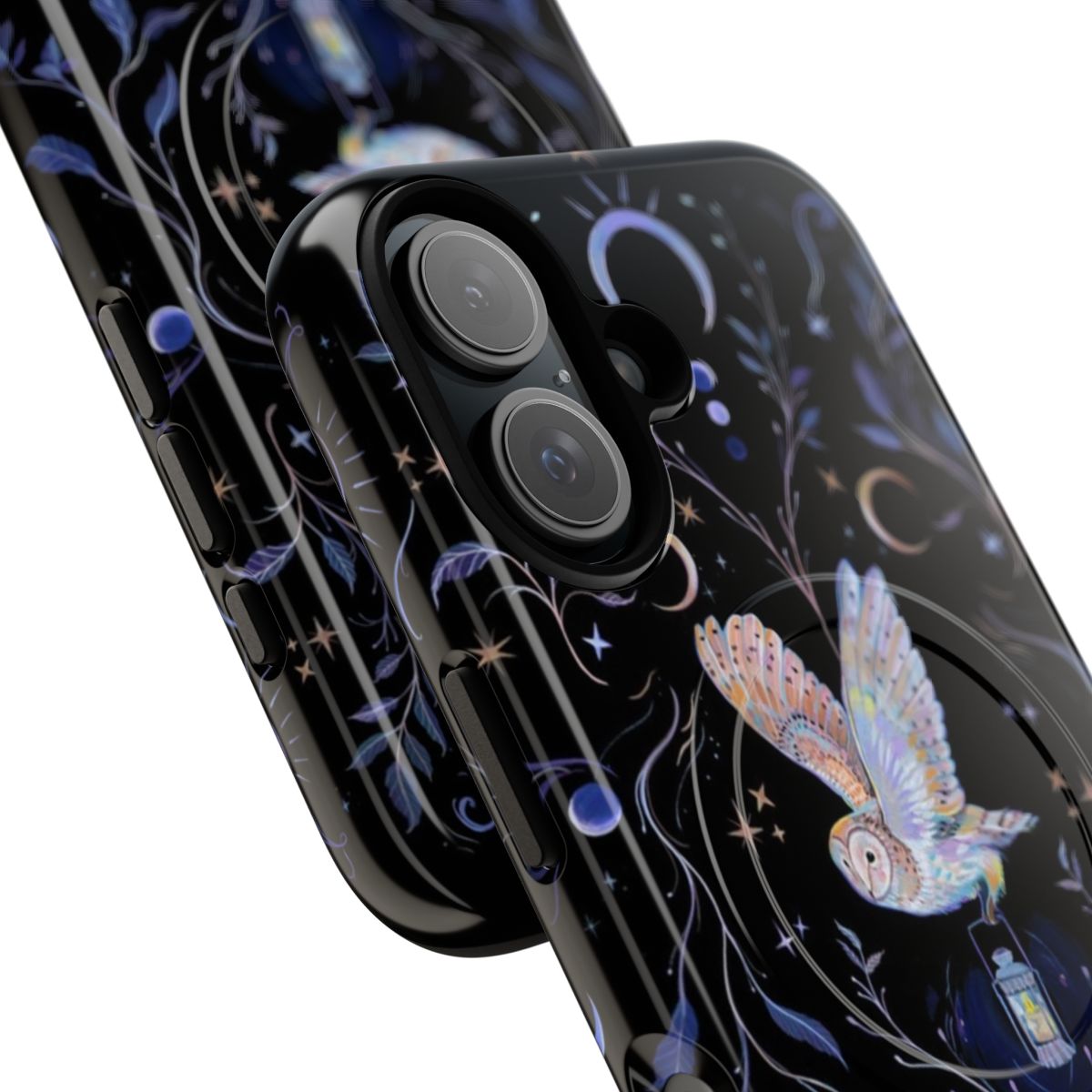 Whimsical phone case featuring a detailed illustration of an owl perched on a crescent moon against a starry night sky backdrop. - Detail