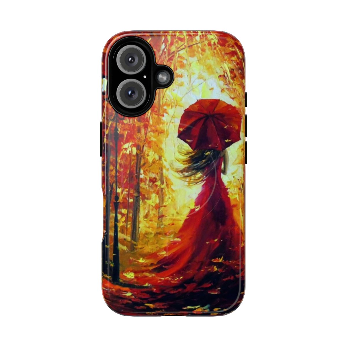 A tough phone case featuring an artistic autumn landscape with a girl in the forest.