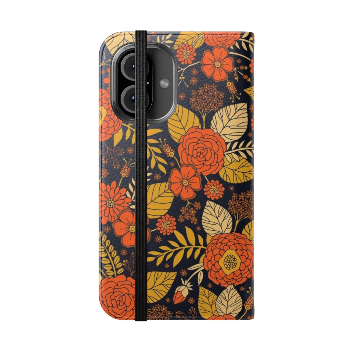 Retro floral pattern flip phone case in shades of yellow, orange, brown, and navy. - Folded Front