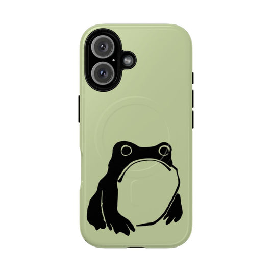 Transparent phone case with a cutout of a grumpy-looking frog, inspired by Japanese ukiyo-e art.