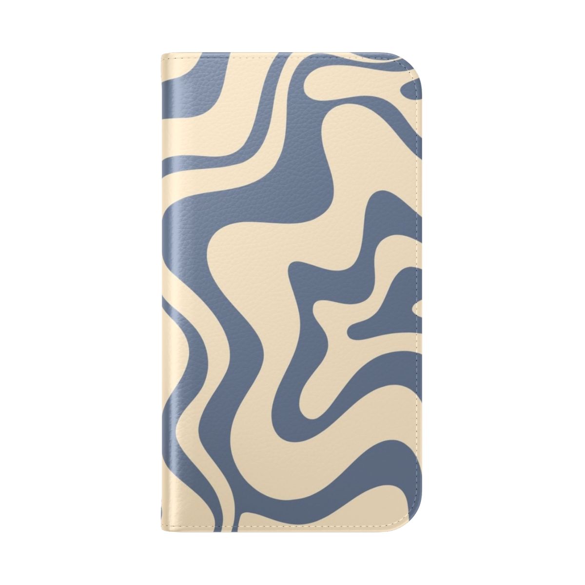 Flip phone case with a retro abstract swirling pattern in shades of blue and cream - Folded Back